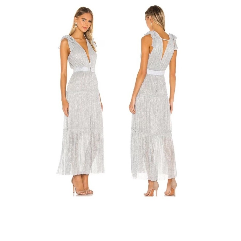 Sabina Musayev Helena Silver Metallic V-Neck Tiered Maxi Dress Small
